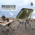 Green camping chair with table and cooking equipment on a natural background, featuring the OneTigris Camping logo.