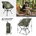 Camping chair with weight capacity, product weight, dimensions, and usage scenario in a forest setting.