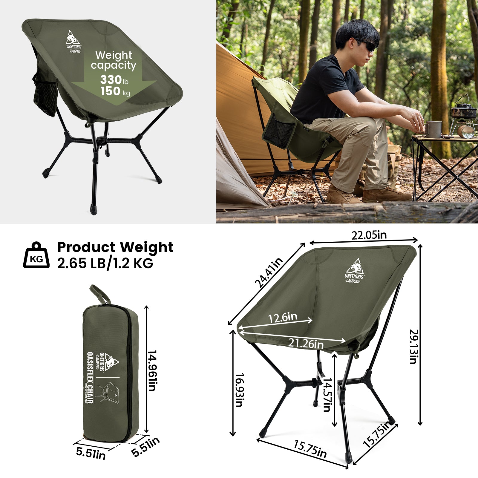 Camping chair with weight capacity, product weight, dimensions, and usage scenario in a forest setting.