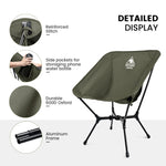 Green camping chair with features highlighted on a white background