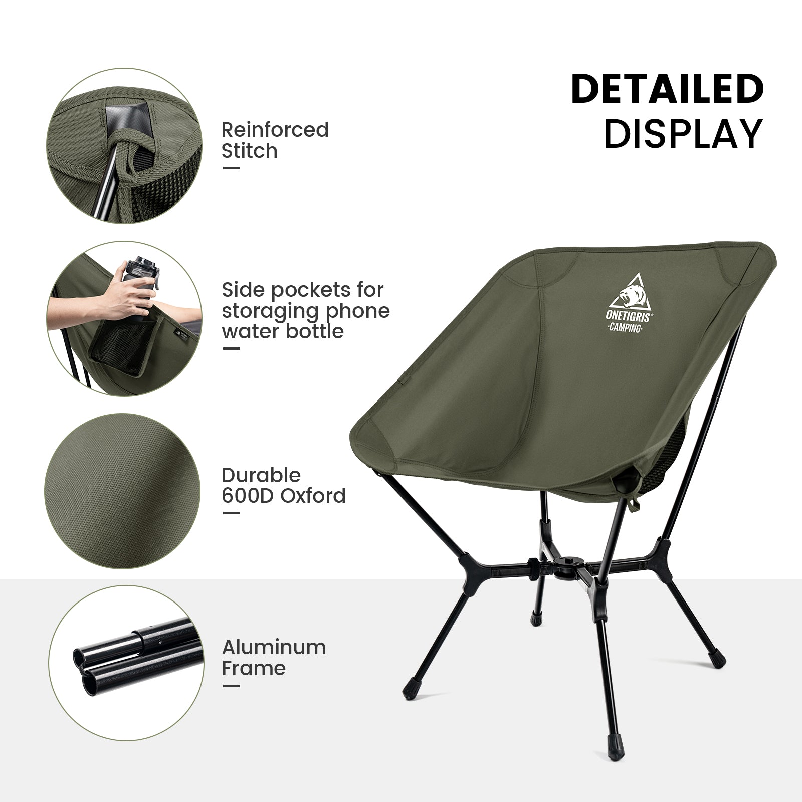Green camping chair with features highlighted on a white background