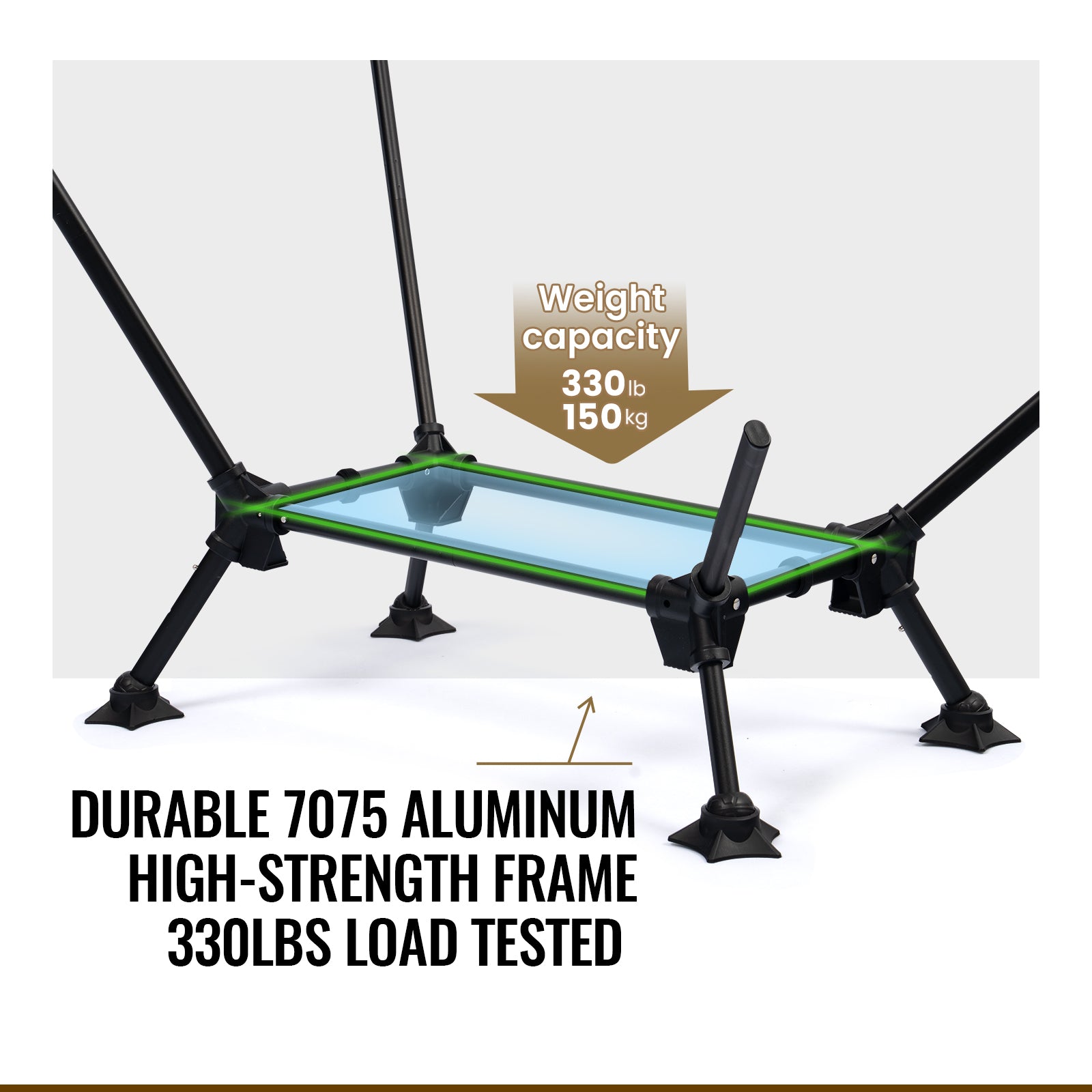 Durable 7075 aluminum chair frame and weight capacity indicator on a white background