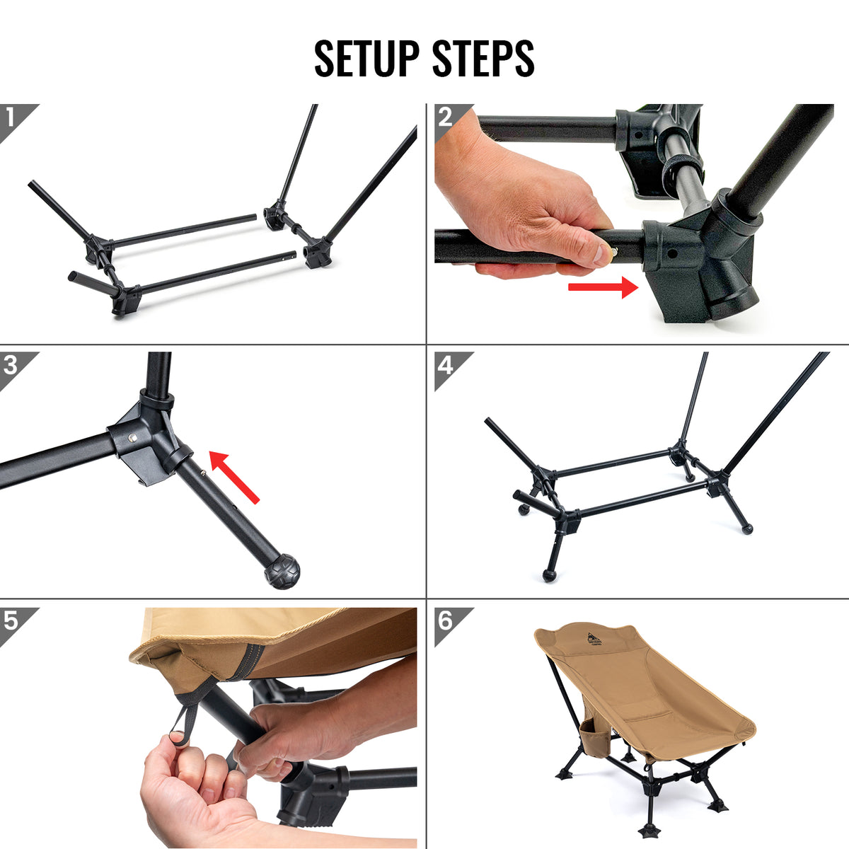 Step-by-step assembly instructions for setting up a Reclining Camping Chair.