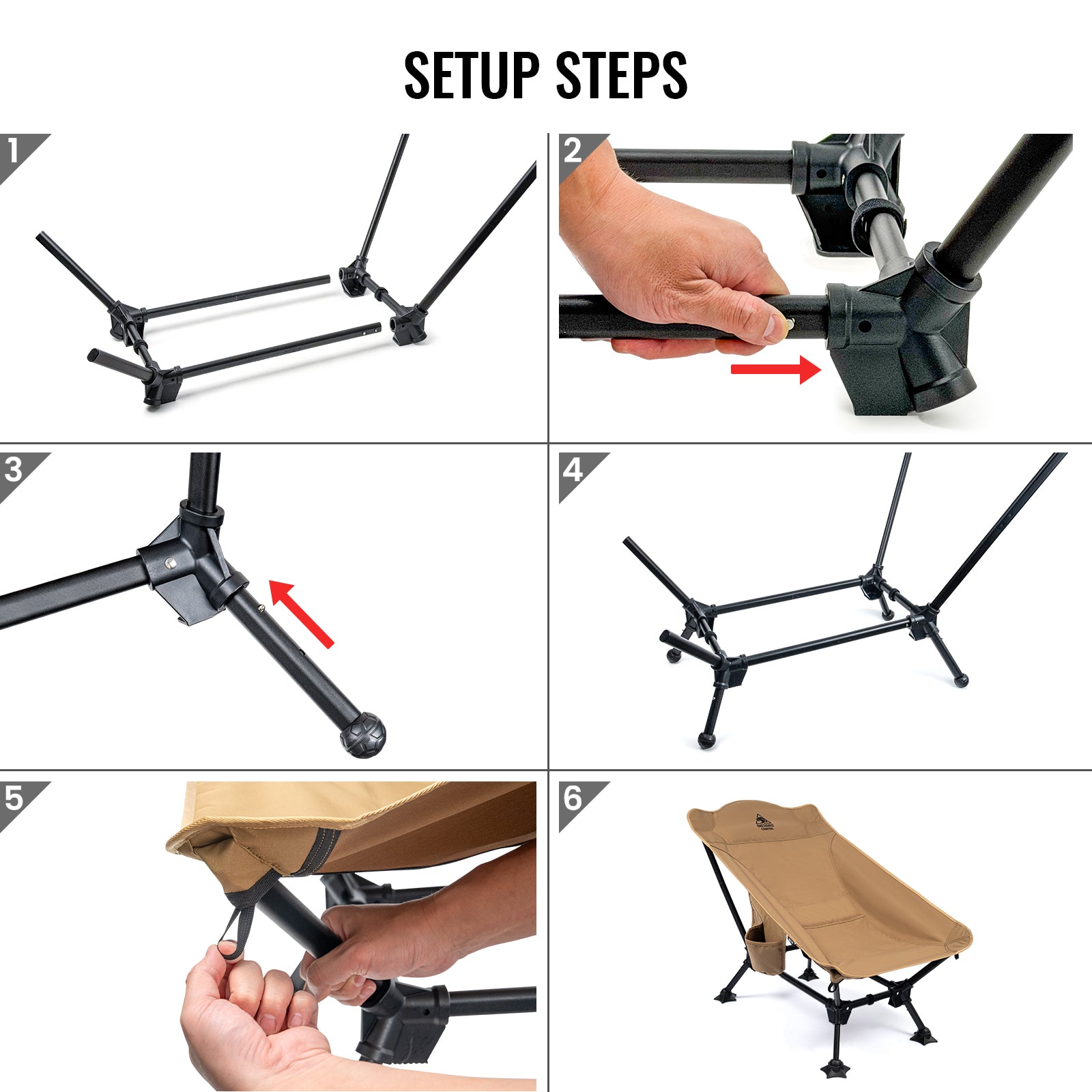 Step-by-step assembly instructions for setting up a Reclining Camping Chair.