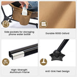 Reclining Camping Chair features including side pockets, durable fabric, high-strength frame, and anti-sink feet design.