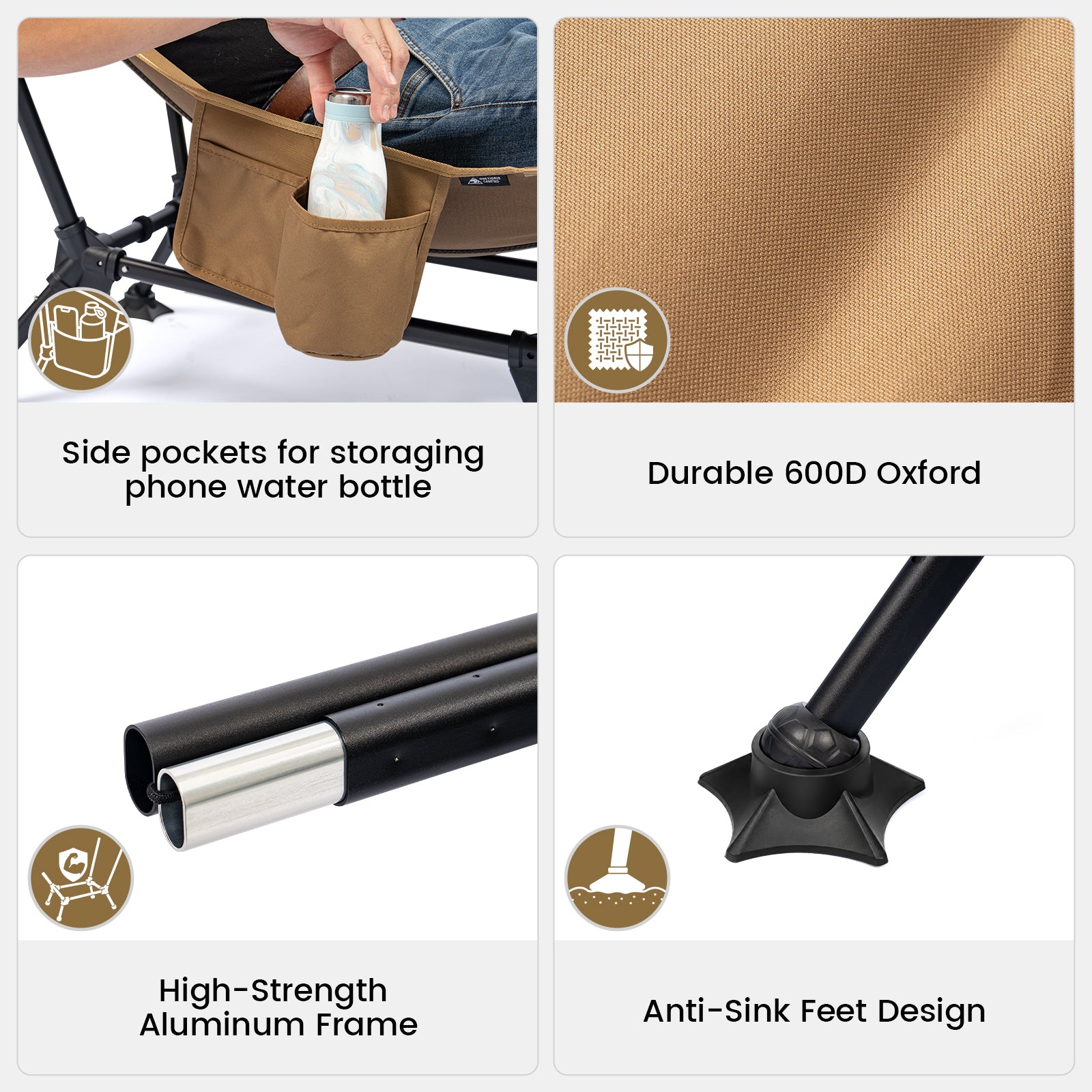 Reclining Camping Chair features including side pockets, durable fabric, high-strength frame, and anti-sink feet design.