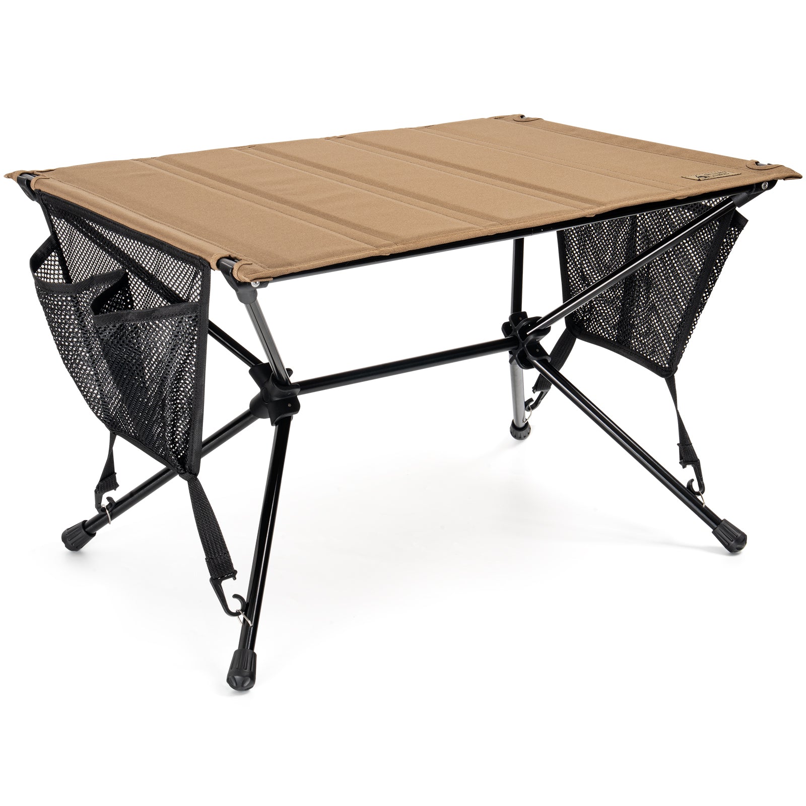 Portable camping table with beige top and black legs on a white background
