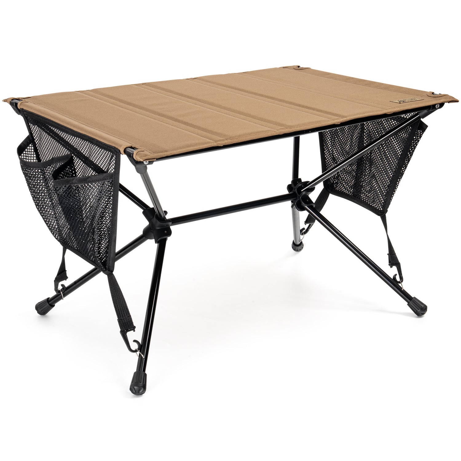 Portable camping table with beige top and black legs on a white background