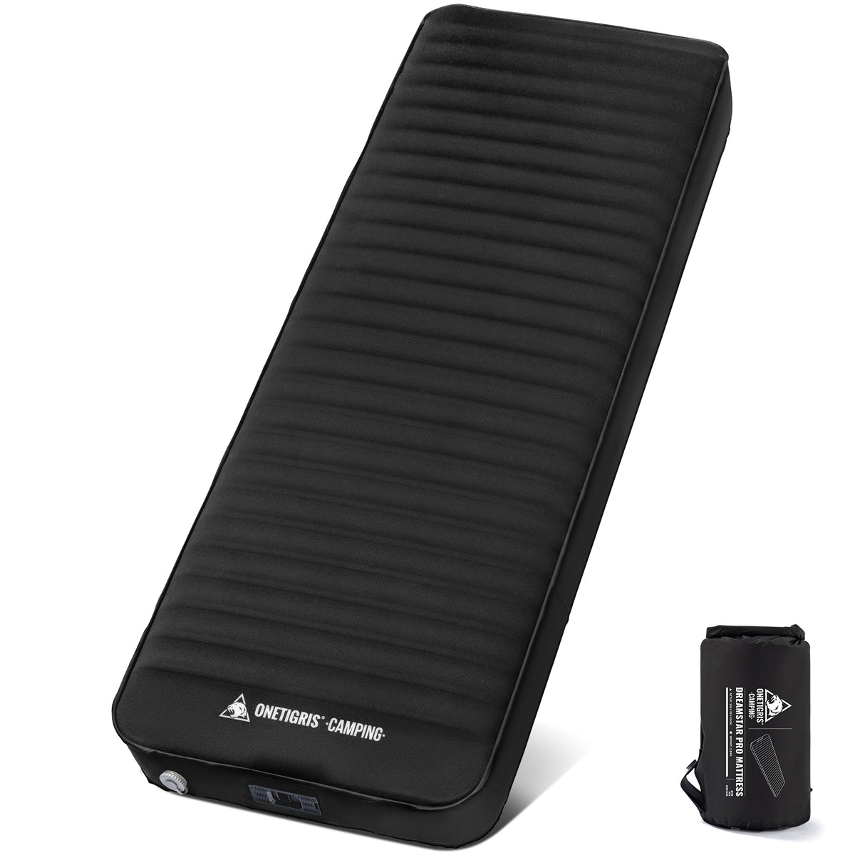 OneTigris DREAMSTAR PRO self-inflating camping mattress shown expanded next to its compact packed size.