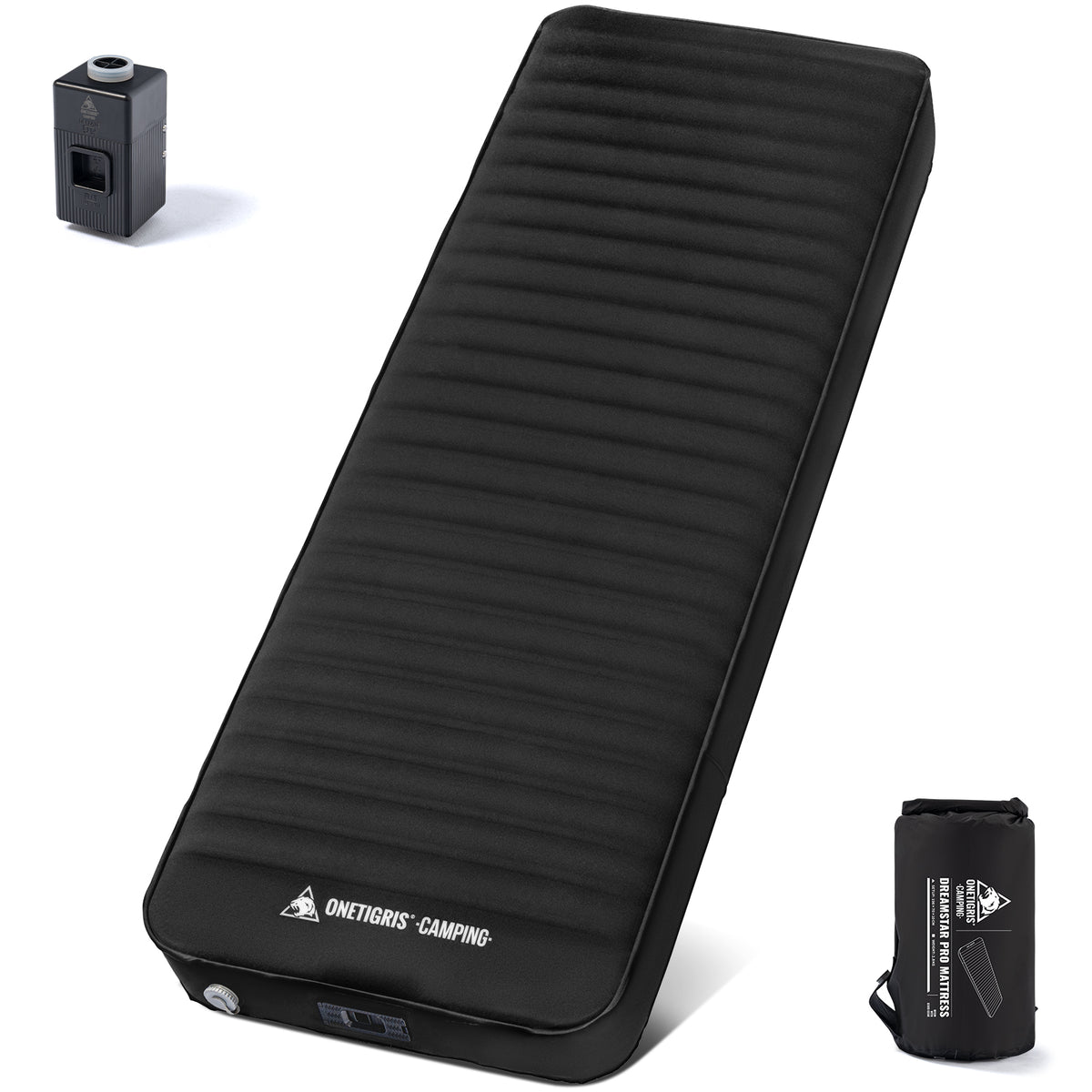 OneTigris DREAMSTAR PRO self-inflating camping mattress shown expanded, with its built-in electric pump and packed carry bag.