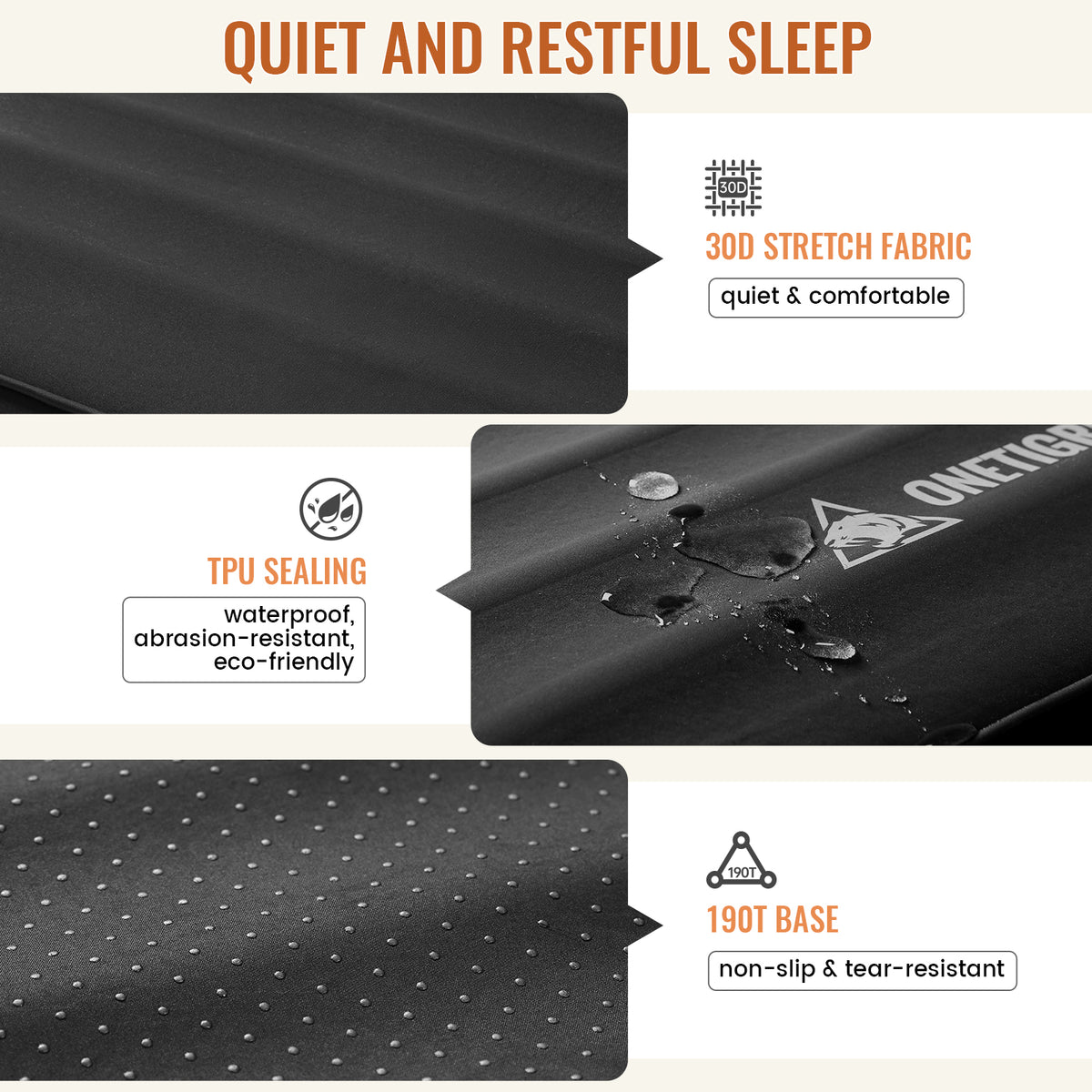 OneTigris camping mattress materials: 30D stretch fabric, waterproof TPU sealing, and a non-slip 190T base for quiet, restful sleep.