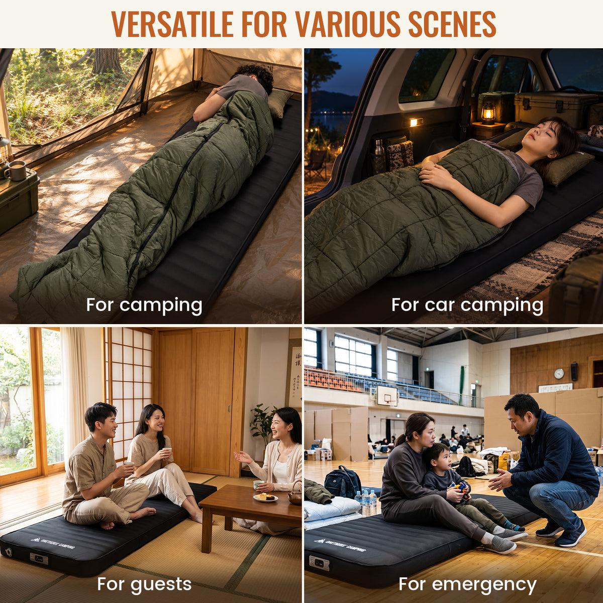 OneTigris camping mattress shown in four versatile uses: for camping, car camping, guests, and emergency situations.