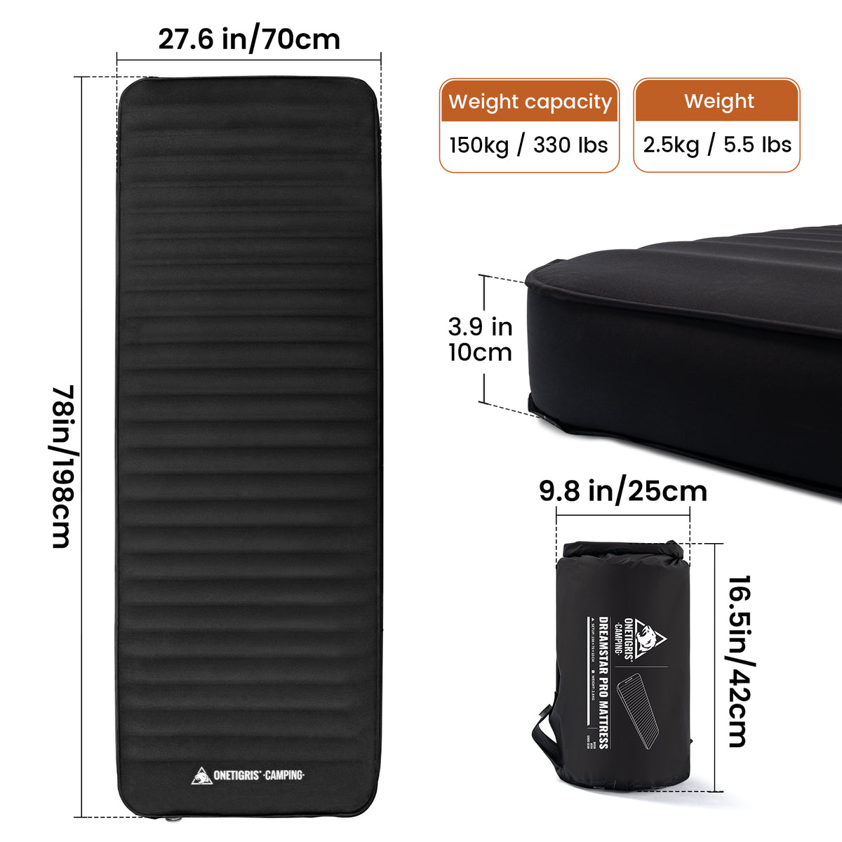 OneTigris DREAMSTAR PRO camping mattress dimensions: 78in x 27.6in x 3.9in, packed size 16.5in x 9.8in, weighing 2.5kg with a 150kg weight capacity.