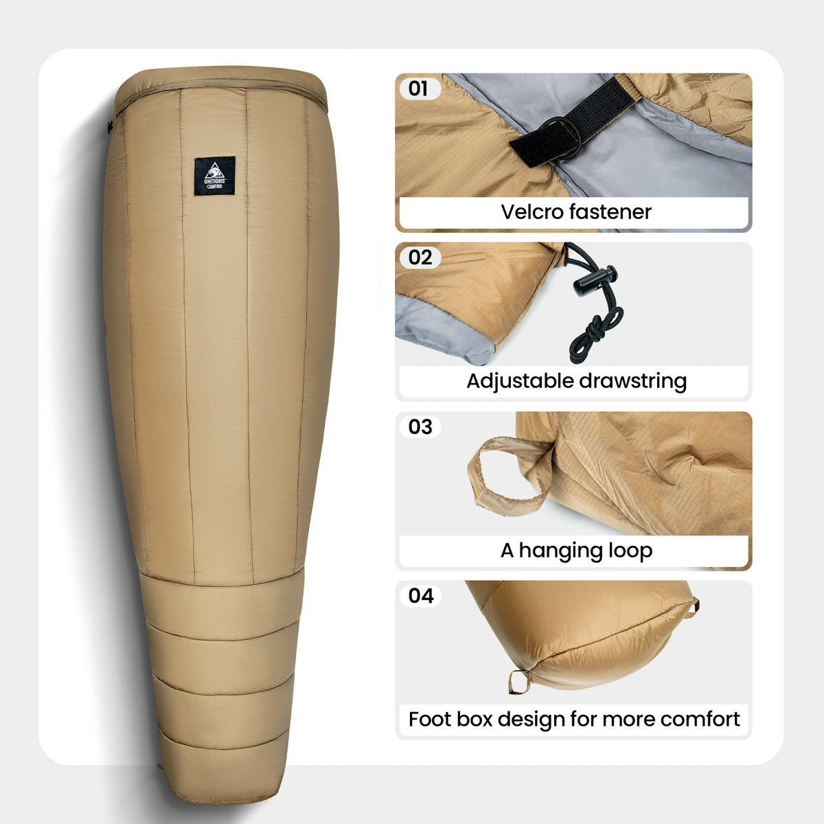 Beige sleeping bag with features highlighted on a white background