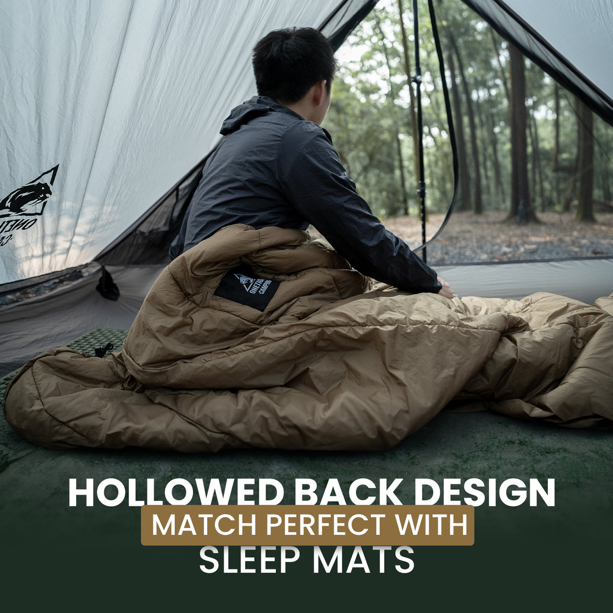 Person sitting inside a tent with a highlighted text about hollowed back design matching sleep mats.