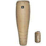 Khaki sleeping bag with a smaller version of the same design on a white background