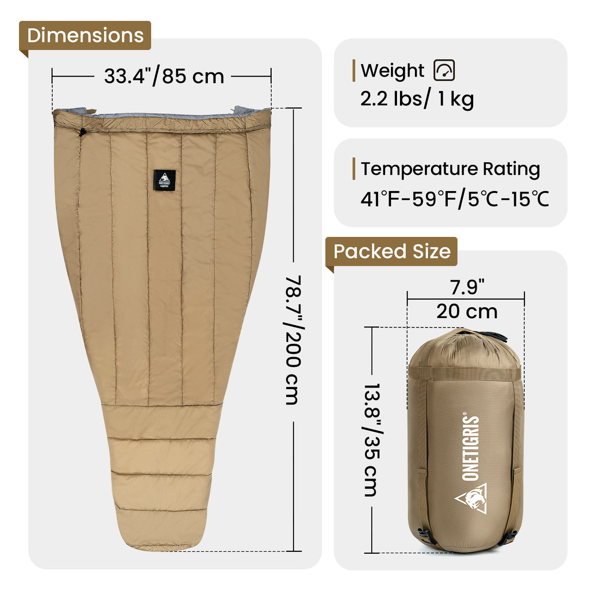 Brown sleeping bag with dimensions, weight, temperature rating, and packed size displayed.