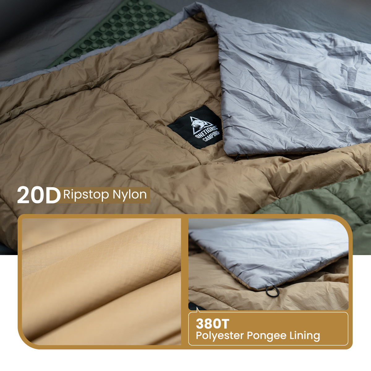 Brown sleeping bag with 20D Ripstop Nylon and 380T Polyester Pongee Lining, displayed on a bed.