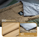 Brown sleeping bag with 20D Ripstop Nylon and 380T Polyester Pongee Lining, displayed on a bed.