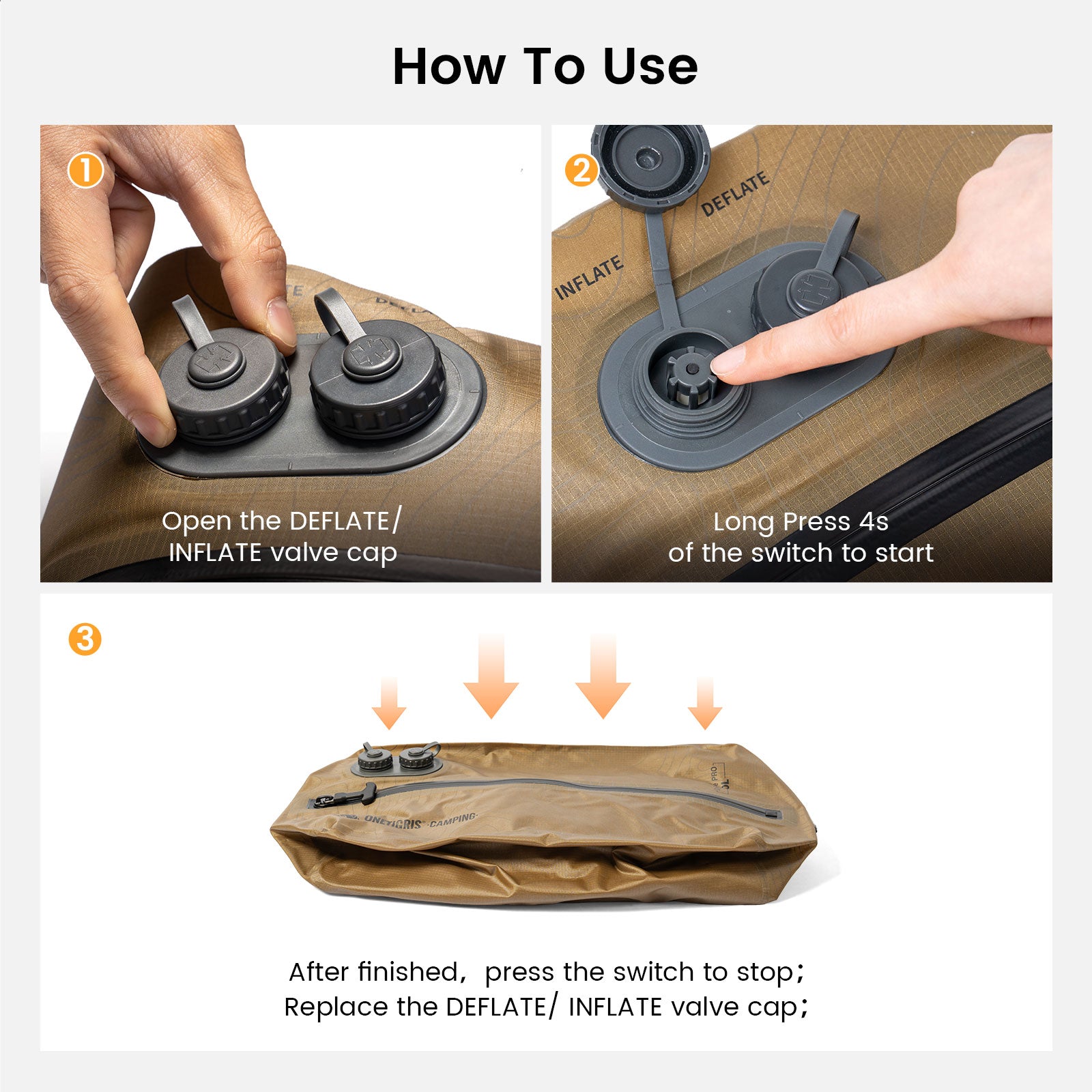 A diagram illustrating how to use the storage bag's air pump. Step 1 shows a hand opening the pump's valve cover. Step 2 shows the cover open, with an indication to 