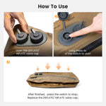 A diagram illustrating how to use the storage bag's air pump. Step 1 shows a hand opening the pump's valve cover. Step 2 shows the cover open, with an indication to "Long press the switch for 4 seconds to start." Step 3 shows the compression process completed.
