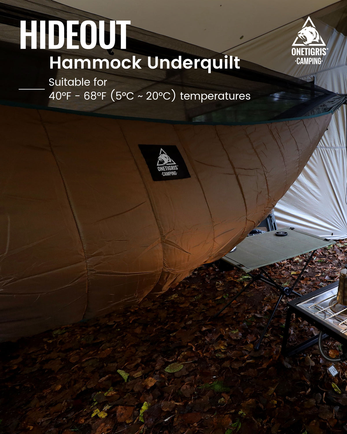 Onetiris Camping Hammock underquilt  and temperature information on a camping setup.