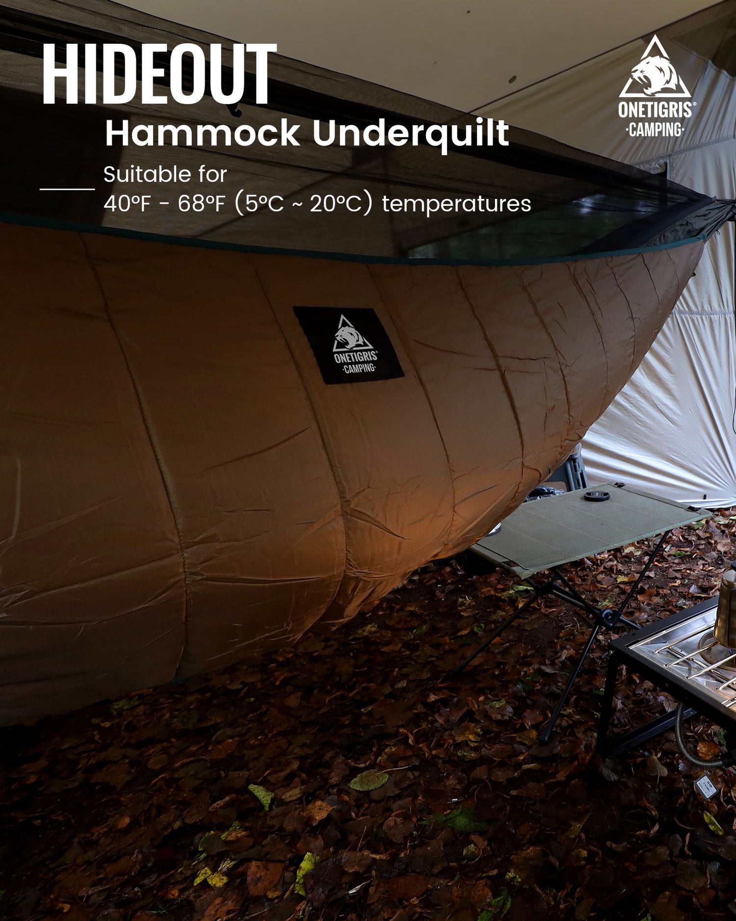 Onetiris Camping Hammock underquilt  and temperature information on a camping setup.