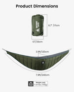 Onetigris camping Green Under-quilt with dimensions and weight information on a white background