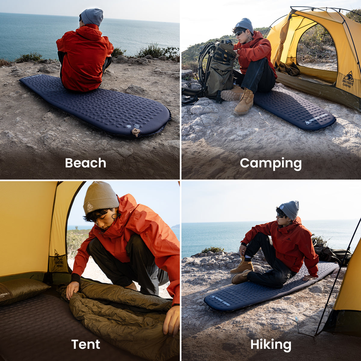 Person using a camping mat in various outdoor settings including beach, camping, tent, and hiking.