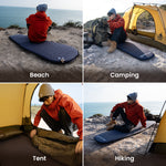 Person using a camping mat in various outdoor settings including beach, camping, tent, and hiking.