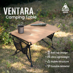 Ventara camping table with roll top design, ultra-lightweight features, stable structure, and durable material on a grassy background.