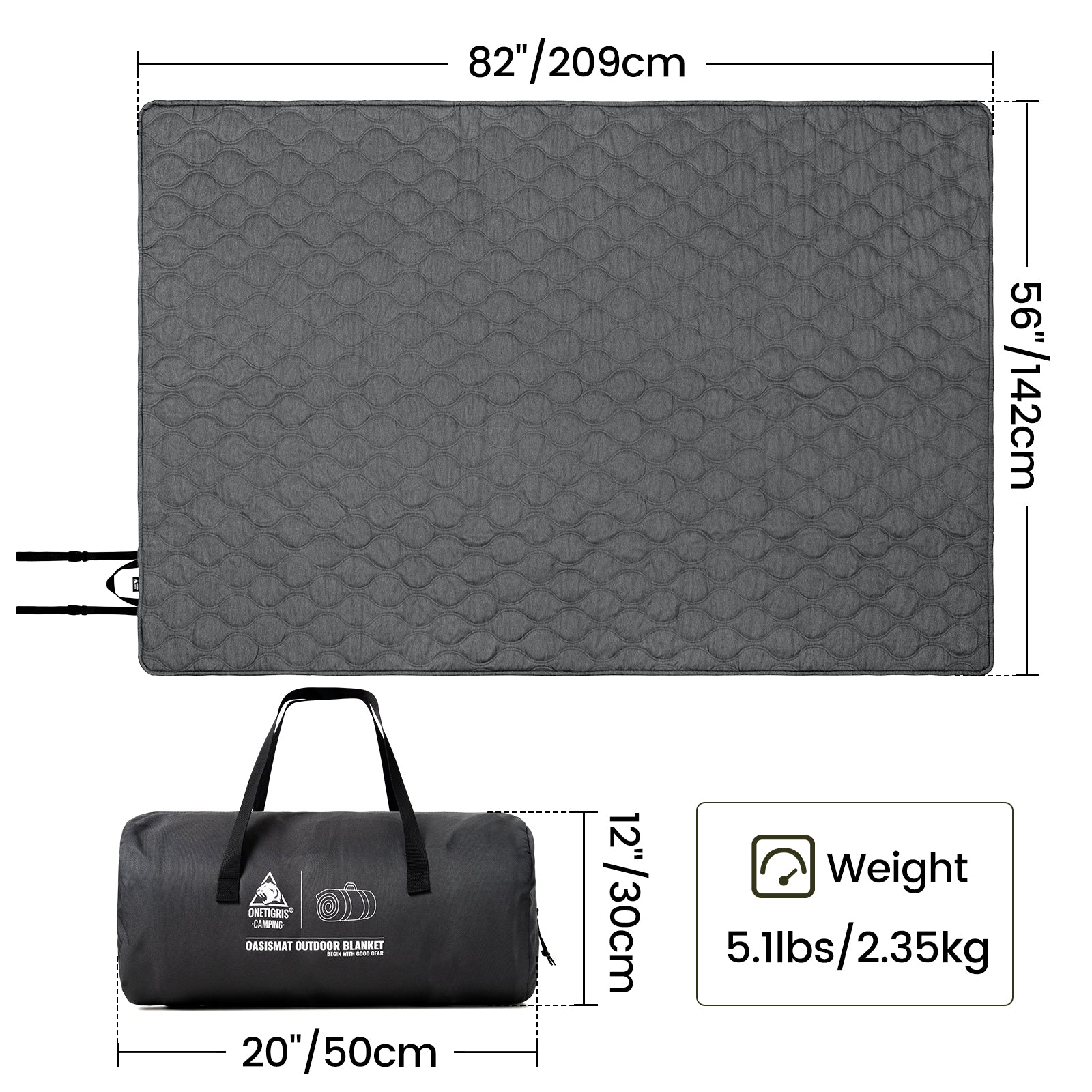 Gray quilted mat with dimensions and weight information displayed