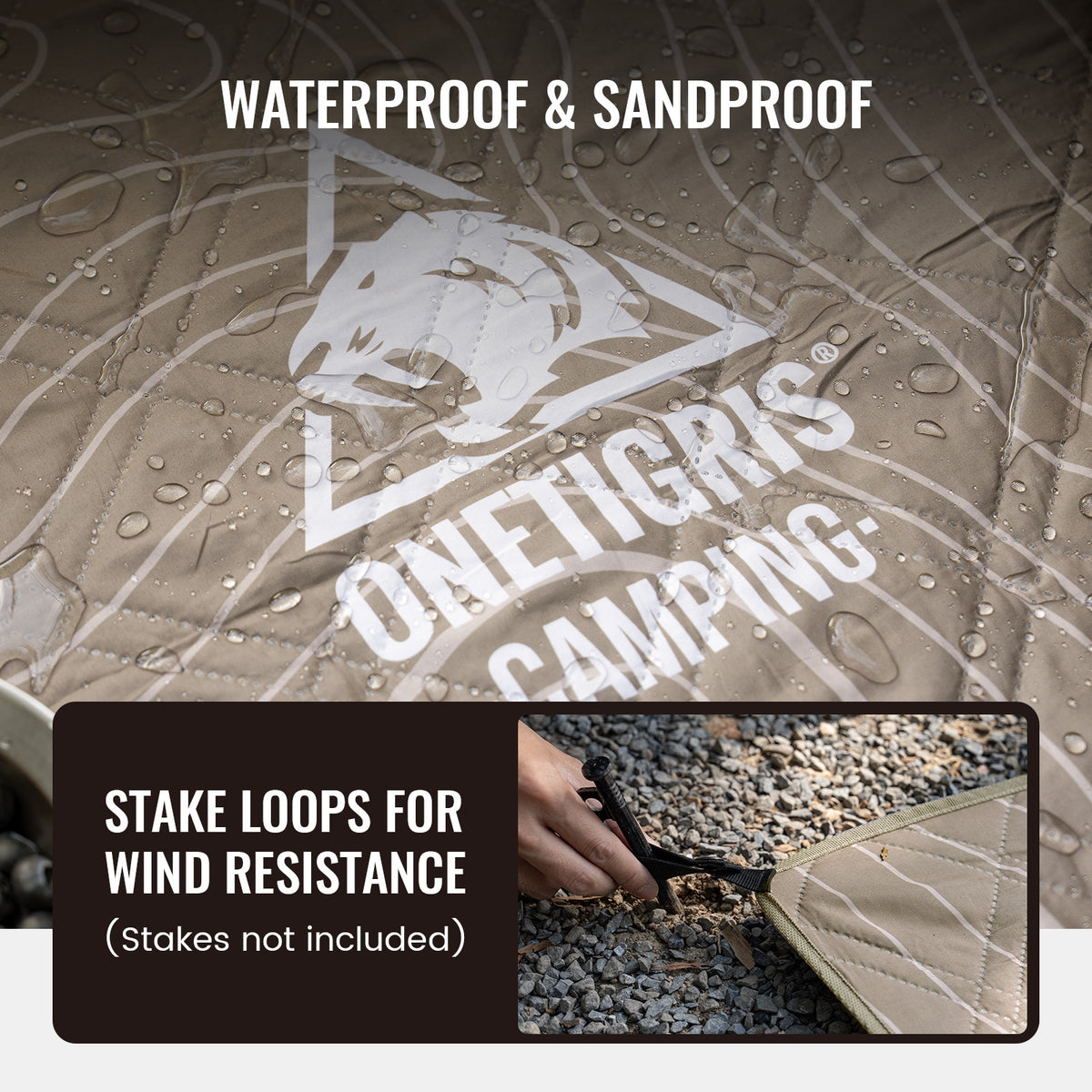 Onetic waterproof Camping mat with water droplets and text highlighting features.
