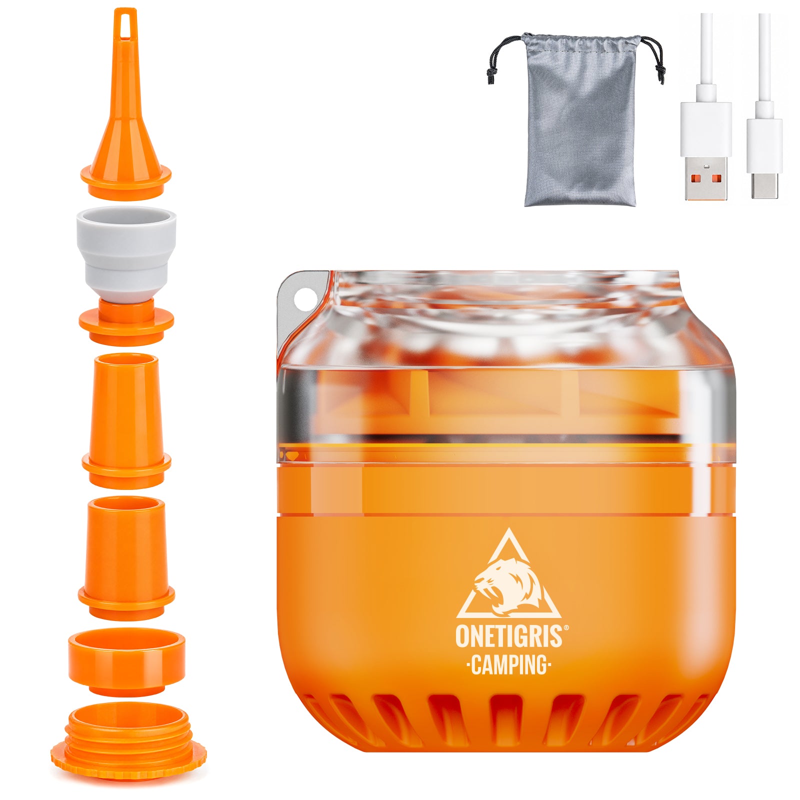 The image shows an orange inflatable pump for outdoor camping, along with a small gray drawstring bag and two white USB charging cables, set against a white background. The 