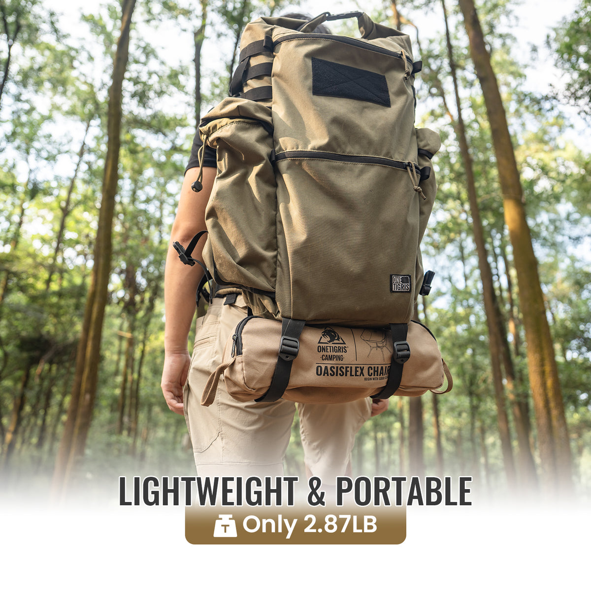 Person wearing a large beige backpack in a forest with text highlighting weight and portability.