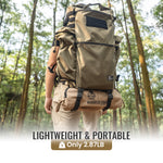 Person wearing a large beige backpack in a forest with text highlighting weight and portability.