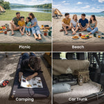 Collage of a family using a camping mat in different settings: picnic, beach, camping, and car trunk.