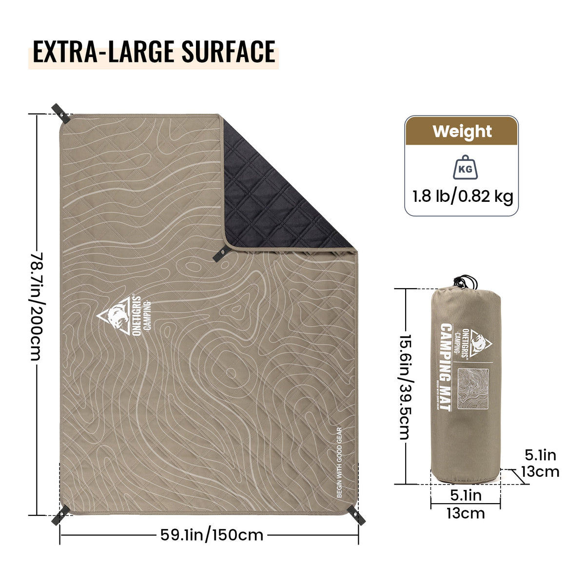 Camping mat with dimensions, weight, and brand logo on a white background