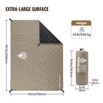 Camping mat with dimensions, weight, and brand logo on a white background