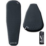 Two black airbeds and a compact airbed packaging on a white background