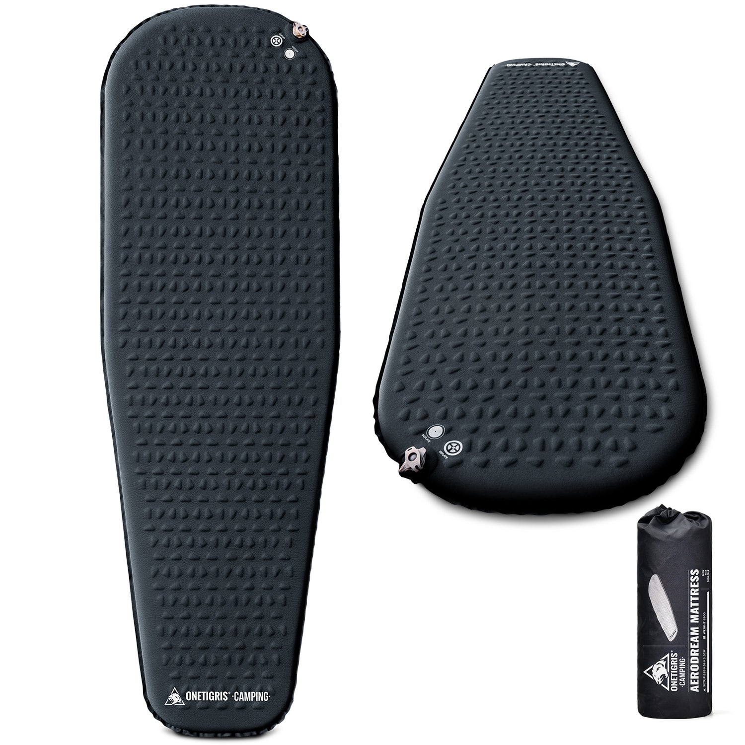 Two black airbeds and a compact airbed packaging on a white background