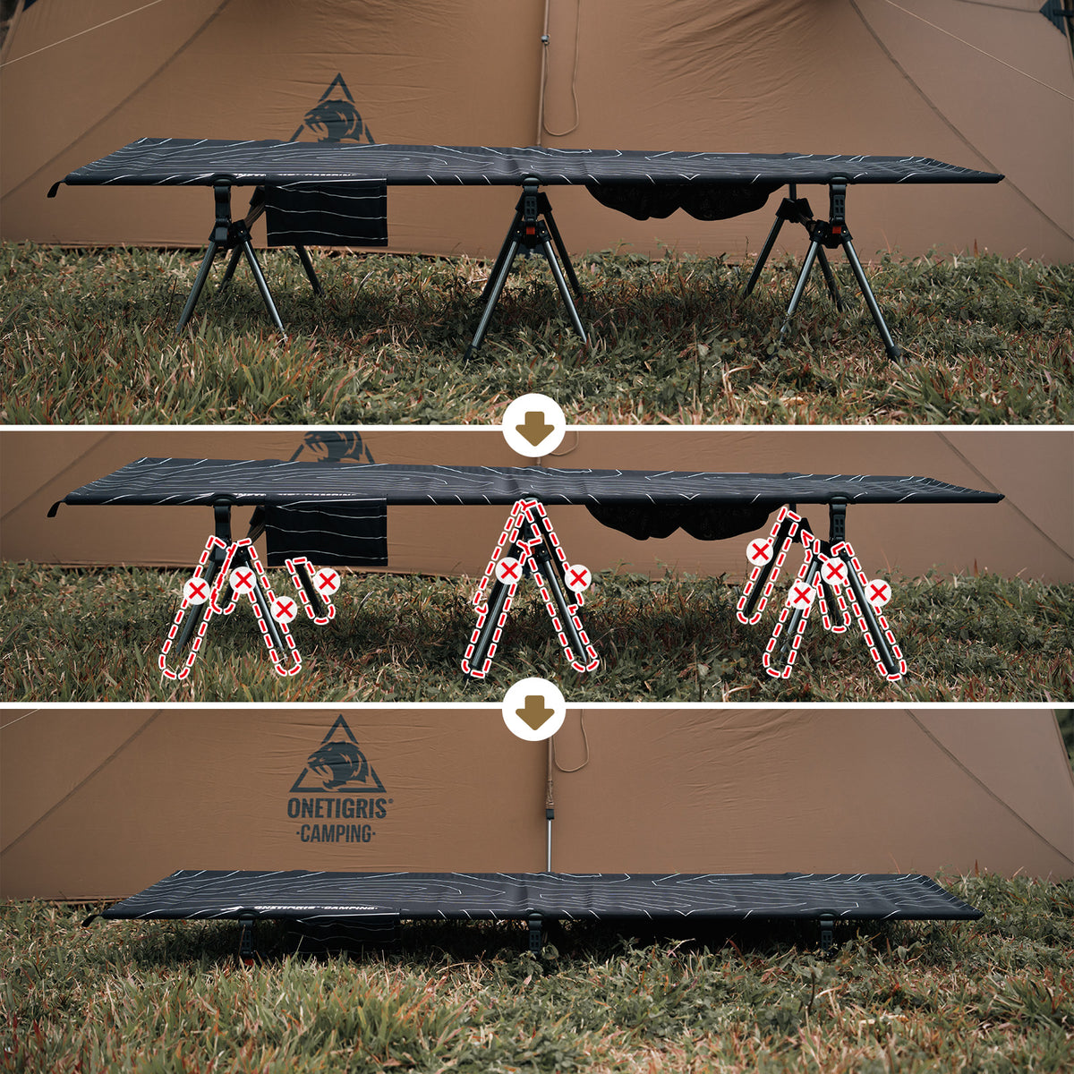 Camping cot with adjustable legs in front of a tent, showing assembly instructions.