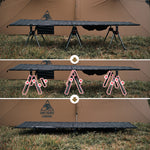 Camping cot with adjustable legs in front of a tent, showing assembly instructions.