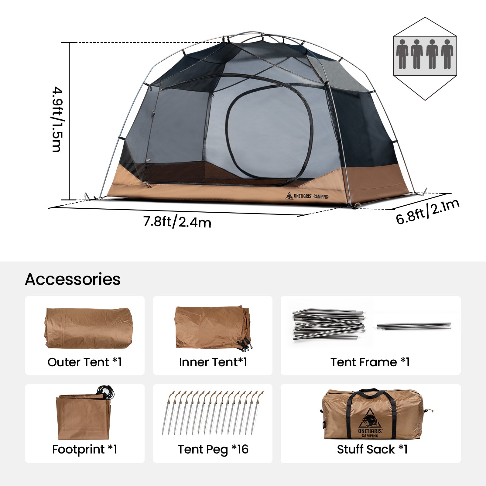 Camping tent with dimensions and included accessories on a white background