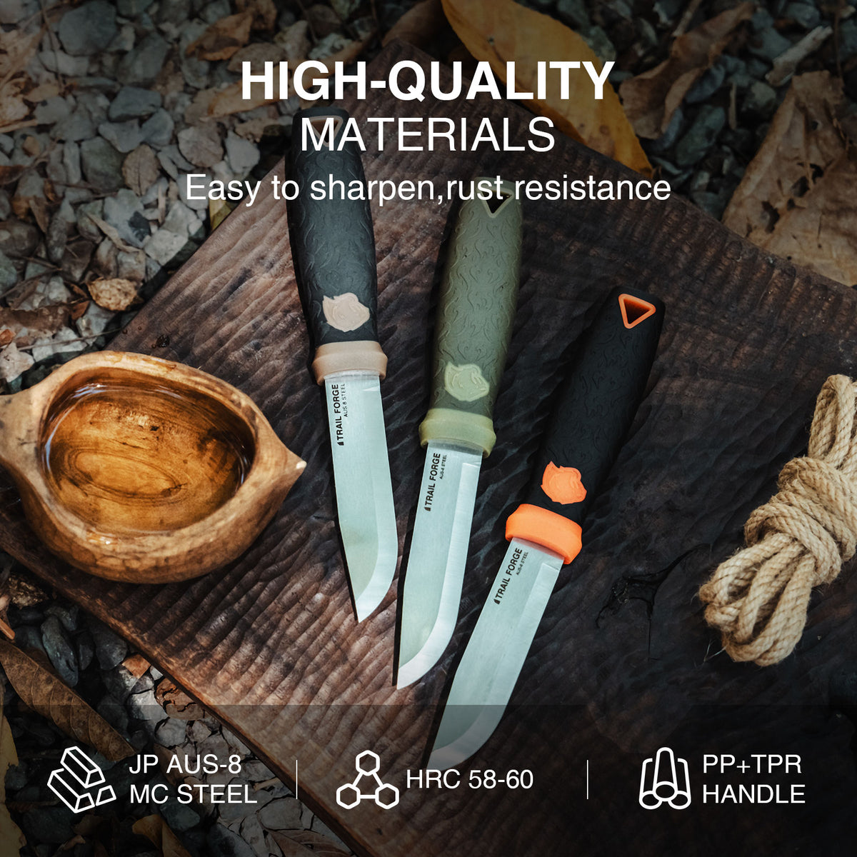 Three knives with different colored handles on a wooden surface with text about high-quality materials.