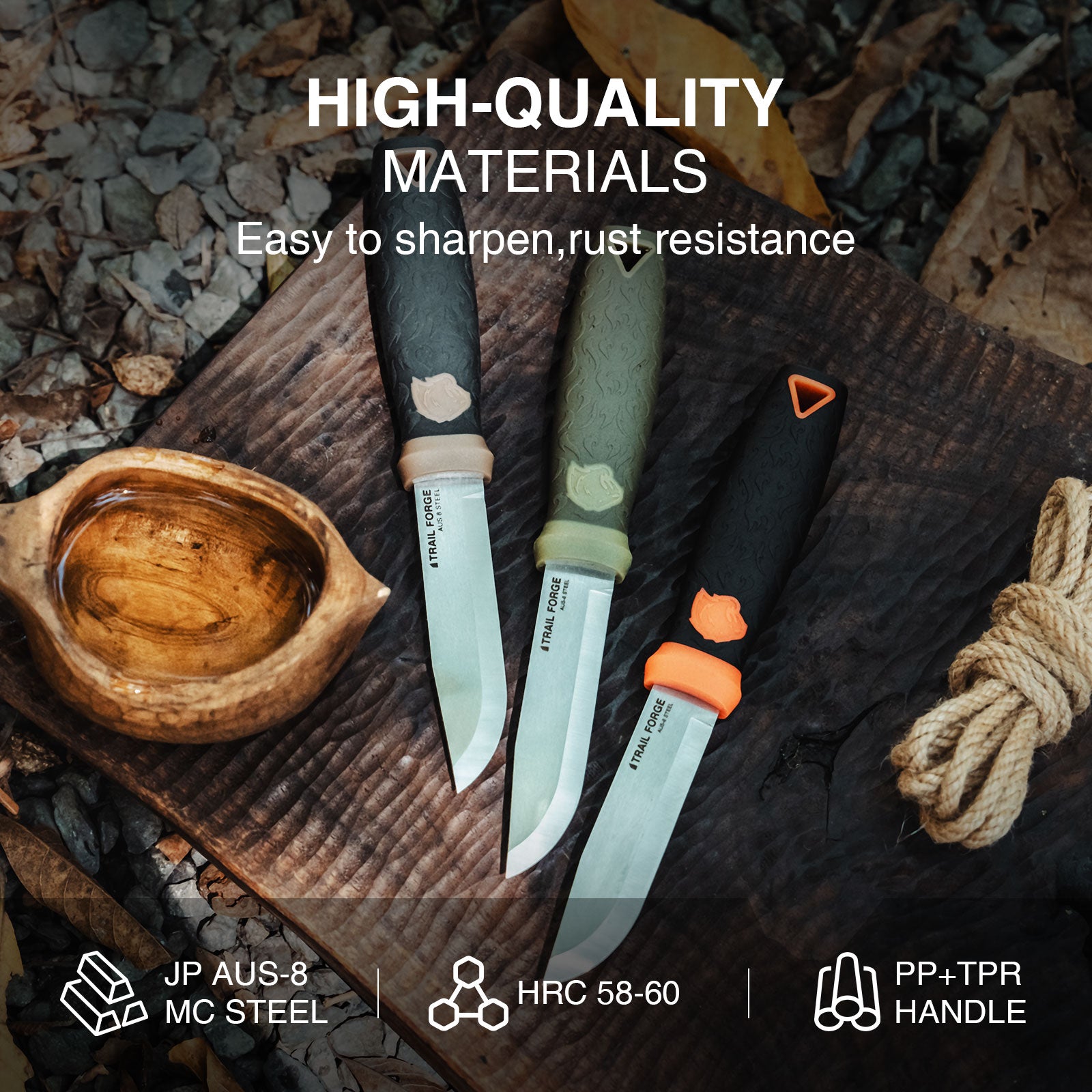 Three knives with different colored handles on a wooden surface with text about high-quality materials.