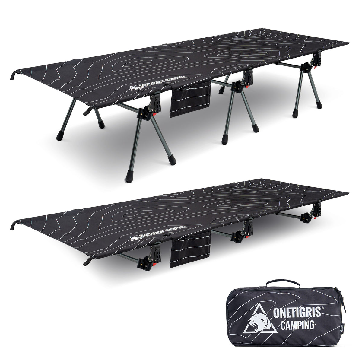 Black camping cot with adjustable legs and carrying bag on a white background
