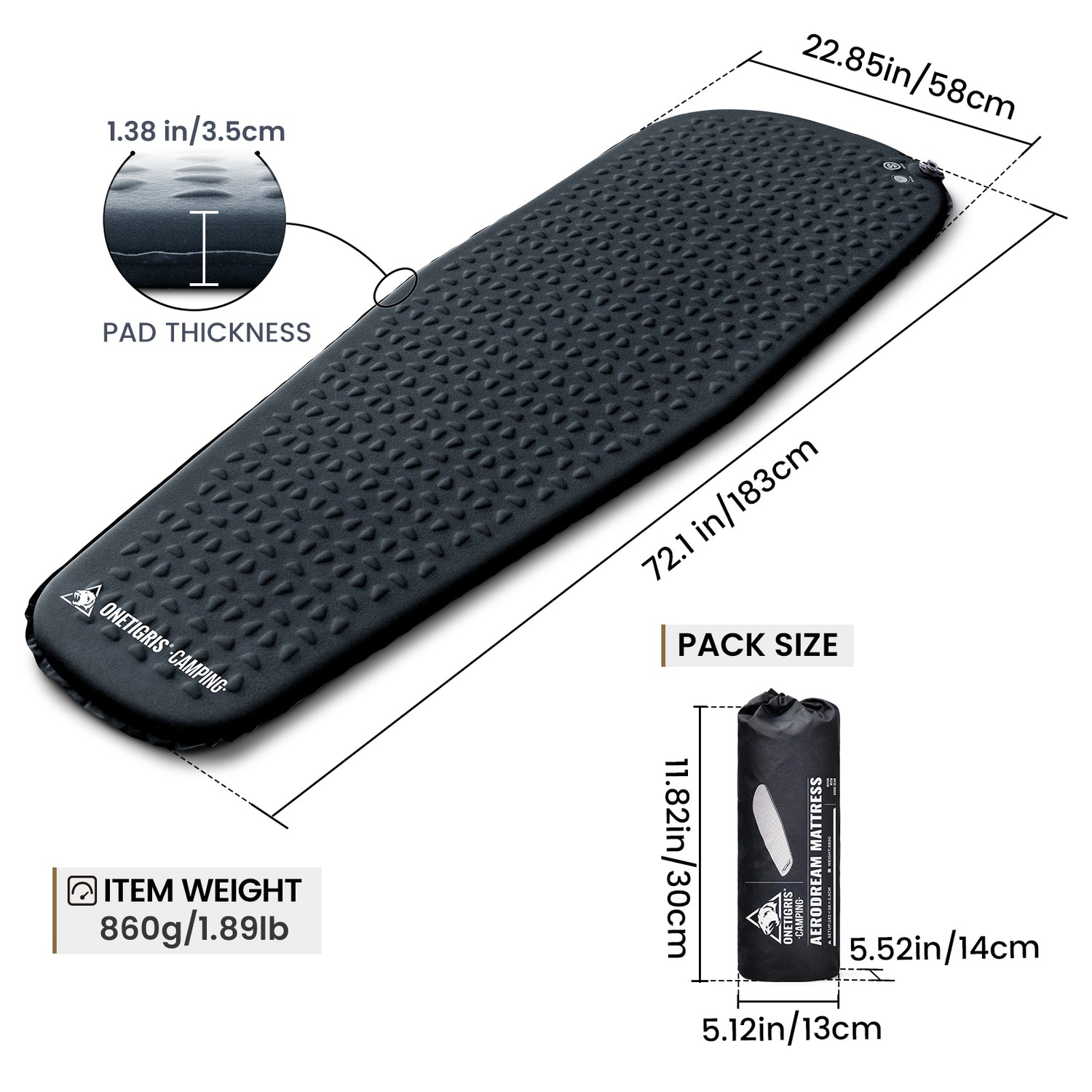 Inflatable camping mat with dimensions and weight information on a white background