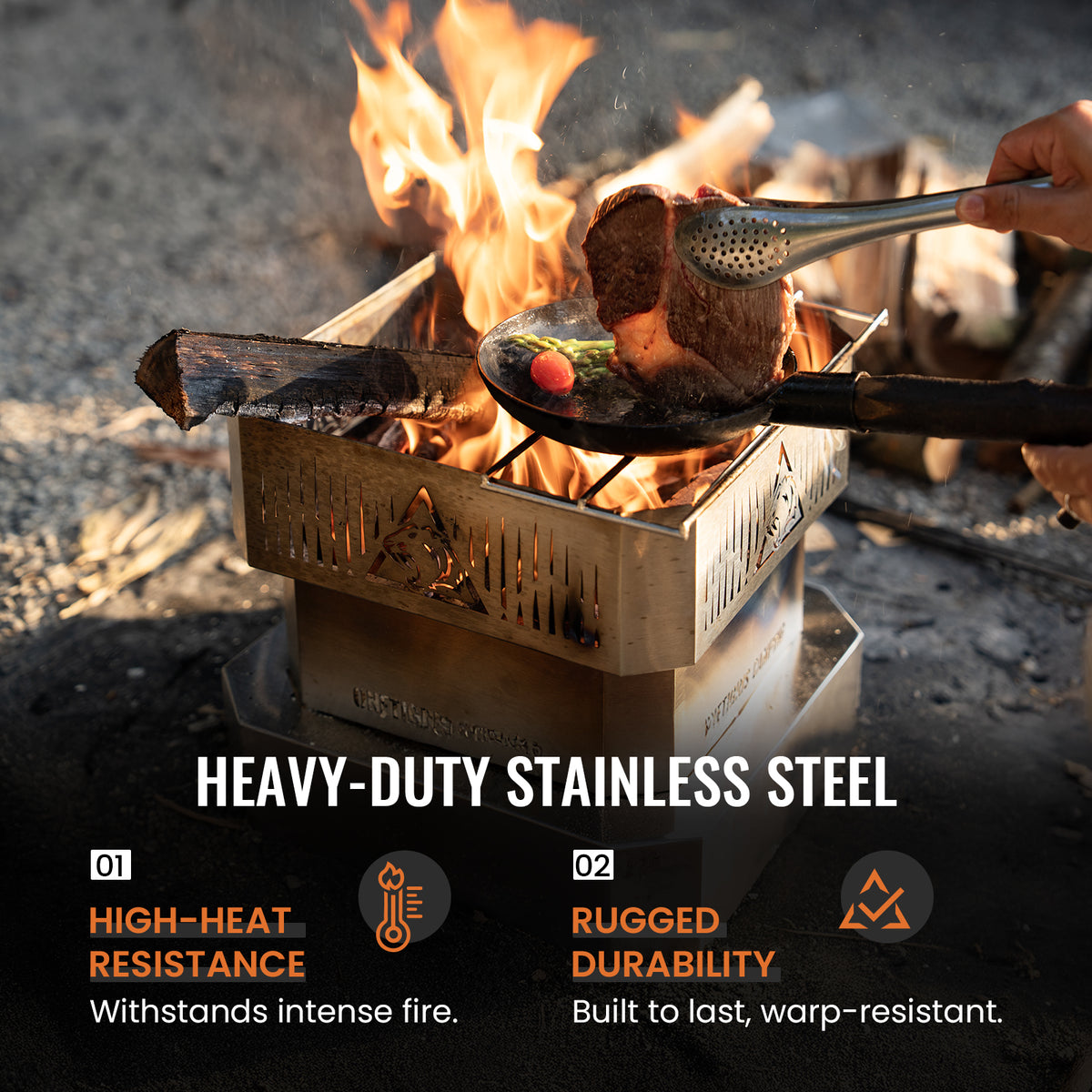 A person cooks over a campfire using a portable stove made of 201 stainless steel, which is efficient and durable.