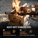 A person cooks over a campfire using a portable stove made of 201 stainless steel, which is efficient and durable.